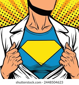 Pop art female superhero woman dressed in white jacket shows superhero t-shirt empty sign on the chest vector illustration template design