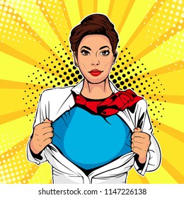 Pop art female superhero. Young sexy woman dressed in white jacket shows superhero t-shirt. Vector illustration in retro pop art comic style.
