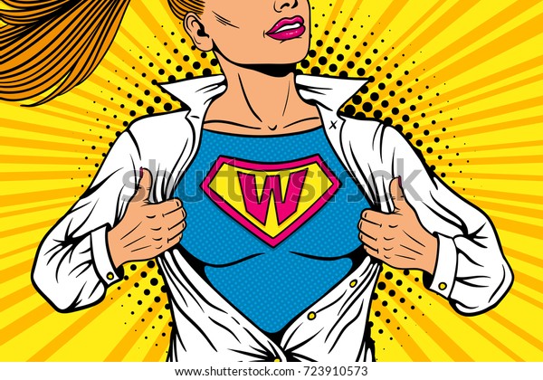 Pop art female superhero. Young sexy woman dressed\
in white jacket shows superhero t-shirt with W sign means Woman on\
the chest flies smiling. Vector illustration in retro pop art comic\
style.