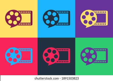 Pop art Film reel and play video movie film icon isolated on color background. Vector.