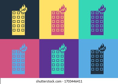 Pop art Fire in burning building on city street icon isolated on color background.  Vector Illustration