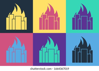 Arte pop Fuego en edificios en llamas en la calle icono aislado en fondo de color. Ciudad destruida en llamas. Ilustración vectorial