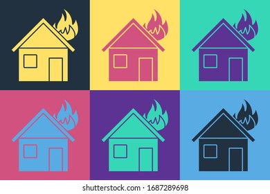 Pop art Fire in burning house icon isolated on color background.  Vector Illustration