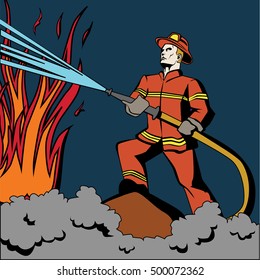 Pop art firefighter. Retro fireman in red uniform and helmet spraying water on flame. Firefighting with hose.