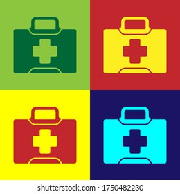 Pop art First aid kit icon isolated on color background. Medical box with cross. Medical equipment for emergency. Healthcare concept. Vector Illustration
