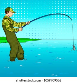 Pop art fisherman standing in water and fighting fish. Pool of a stream. Comic book style imitation. Vintage retro style vector