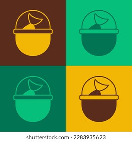 Pop art Fishing bucket with fish icon isolated on color background. Fish in a bucket.  Vector