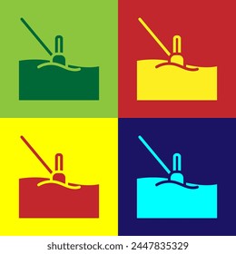 Pop art Fishing float in water icon isolated on color background. Fishing tackle.  Vector