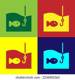 Pop art Fishing hook under water with fish icon isolated on color background. Fishing tackle.  Vector