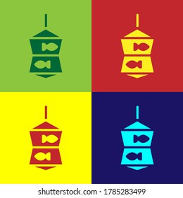 Pop art Fishing net with fish icon isolated on color background. Vector