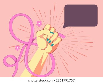 Pop Art Fist Raised Hand With Ribbon Forming 8th Number And Blank Message Bubble.