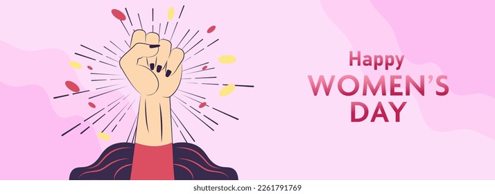Pop Art Fist Raised Hand On Pink Fluid Background For Happy Women's Day Concept.