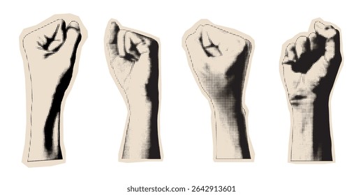 Pop art fists in bold halftone grunge style, halftone dotted vintage modern retro style. symbolizing power, unity, and protest.