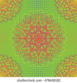 Pop art flower pattern on green. Background, multicolor, mandala.
 