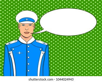 Pop art flyer man in blue uniform. Imitation comic style. Vector illustration aircraft pilot or aviator. Imitation comic style. Text bubble.