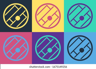 Pop art Folded map with location marker icon isolated on color background.  Vector Illustration