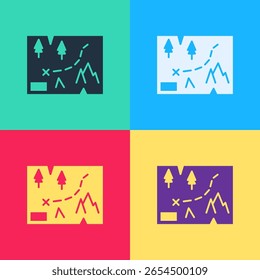 Pop de arte Mapa plegado con el icono de marcador de ubicación aislado en el fondo de color.  Ilustración vectorial