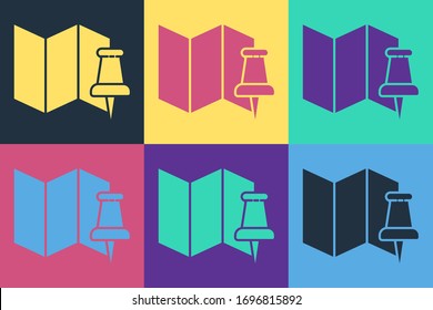 Pop art Folded map with push pin icon isolated on color background.  Vector Illustration