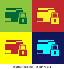 Pop art Folder and lock icon isolated on color background. Closed folder and padlock. Security, safety, protection concept.  Vector