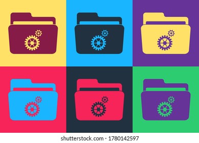 Pop art Folder settings with gears icon isolated on color background. Concept of software update, transfer protocol, router, teamwork tool management.  Vector
