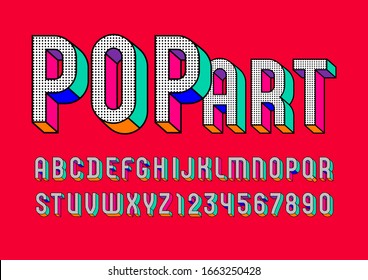 Pop art font, trendy graphic alphabet sans serif, modern 3d letters and numbers with black dot, vector illustration 10EPS