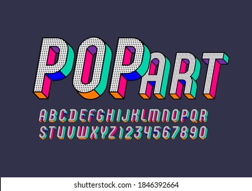 Pop Art Font, Trendy Graphic Alphabet Sans Serif, Modern 3d Italic Letters And Numbers With Black Dot, Vector Illustration 10EPS