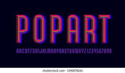 Pop art font, trendy striped alphabet sans serif, modern condensed letters and numbers with green line, for your calendar, flyer, poster, banner, vector illustration