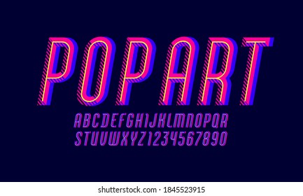 Pop art font, trendy striped alphabet sans serif, modern condensed italic letters and numbers with line, for your calendar, flyer, poster, banner, vector illustration