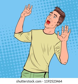 Pop Art Frightened Man. Scared Facial Expression. Shocked Guy Holding Hands Upwards. Negative Emotion. Vector illustration