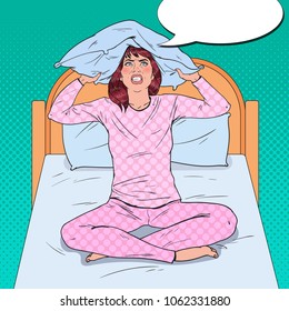 Pop Art Frustrated Woman Closing Ears with Pillow. Stressful Morning Situation. Girl Suffering from Insomnia. Vector illustration