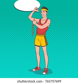 Pop Art Funny Sportsman Measures his Muscles. Vector illustration