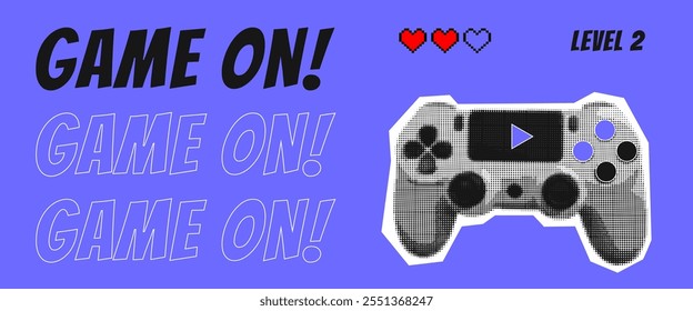 Pop art gaming poster with halftone textured video game controller on purple background. Pixel heart life sign.  Retro playful concept with dotted console, collage design illustration. Vector