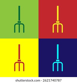 Pop art Garden pitchfork icon isolated on color background. Garden fork sign. Tool for horticulture, agriculture, farming.  Vector