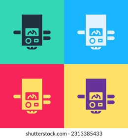 Pop art Gas boiler with a burning fire icon isolated on color background.  Vector