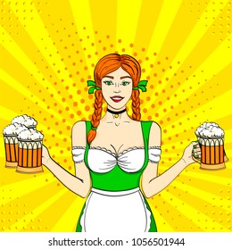 Pop art Germany Girl waitress carries five beer glasses. Concept oktoberfest. vector illustration. Comic book style imitation.