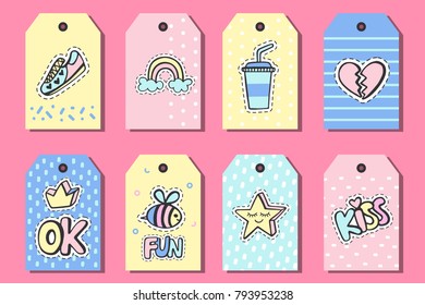 Pop art gift tags templates with funny patches, stickers, pins, patches doodle in cartoon retro 80s-90s style. Vector illustration