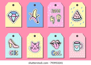 Pop art gift tags templates with funny patches, stickers, pins, patches doodle in cartoon retro 80s-90s style. Vector illustration