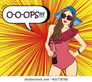 Pop art girl in bikini with text 'Oops', standing with a drink in hand. On the bright yellow red background.