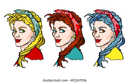 Pop art girl. Blonde. Brunette. Blue hair. Cartoon people. Isolated vector objects on white background.