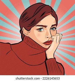 Pop art girl s'ennuyait fâchée fille pensant à quelque chose qui penche la tête en main. Portrait d'une jeune femme belle, illustration vectorielle, stylisme rétro des années 50 du 20ème siècle
