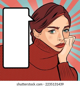 Pop art girl bored upset girl thinking about something with bubble baloon. Portrait of young beautiful woman, vector illustration, retro style stylization of the 50s of 20th century