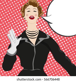 pop art girl with bubble for text. retro woman in comics style. vector illustration