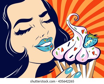 Pop art girl with cake - vector illustration