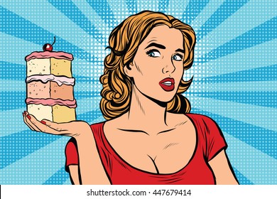 Pop art girl diet cake retro vector. Sweet food, pastries