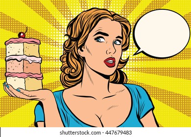 Pop art girl diet cake retro vector. Sweet food, pastries