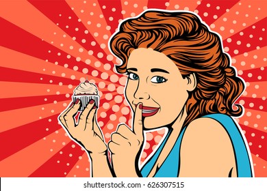 Pop art girl diet cake retro vector. Sweet food, pastries. Pretty woman with cake vector illustration.