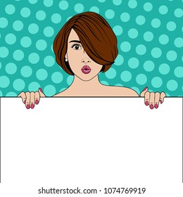Pop art girl with an empty advertising poster. Your text here. Vector illustration.