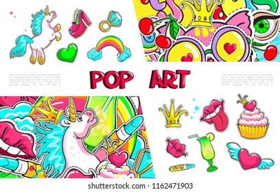 Pop art girl fashion badges collection with unicorn shoe winged heart ring with diamond rainbow crown lips tongue cocktail cake vector illustration