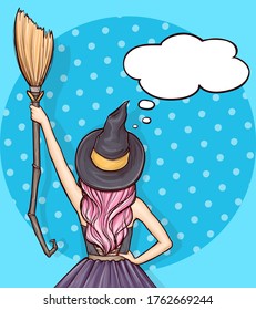 Pop art girl with pink hair standing backwards in witch costume. Young woman in dark hat and dress holds broom, retro vector illustration on blue background. Halloween party invitation, speech bubble.