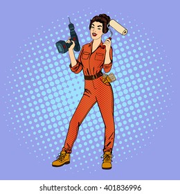 Pop Art Girl with Roller Brush, Drill. Woman Doing Repairs. Vector illustration